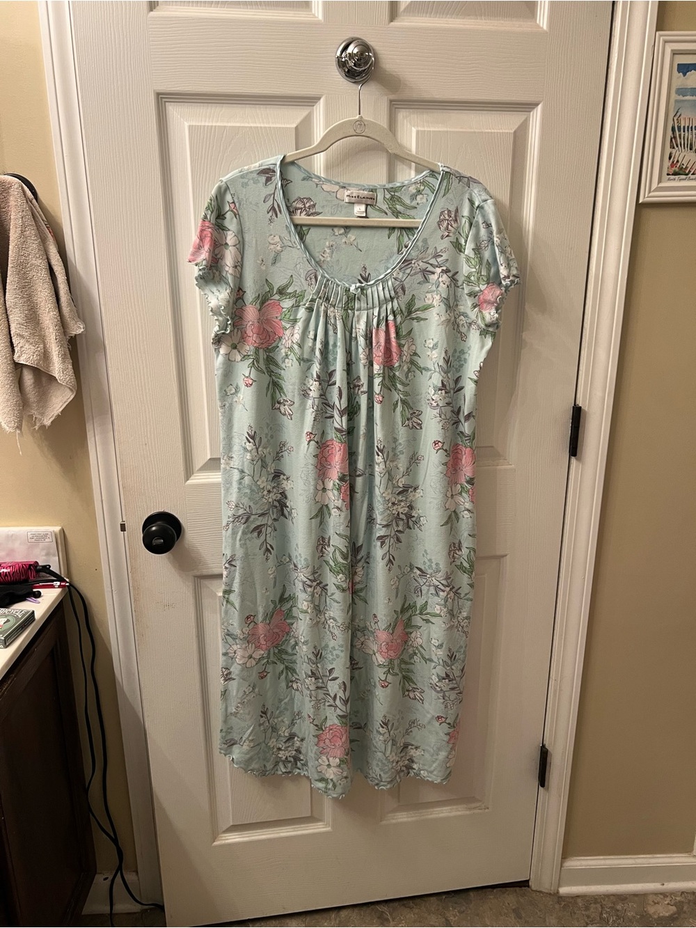 Miss Elaine Mint Green Pink Floral Cap Sleeve Ballet Length Nightgown L
